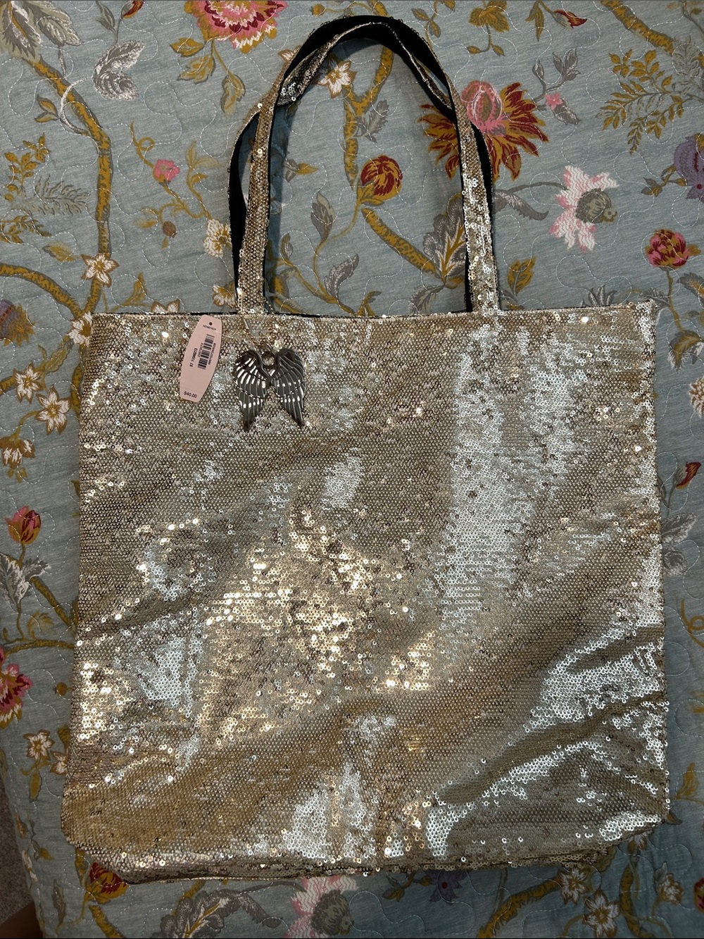 Victoria's Secret Gold Sequin Tote with Wing Charm